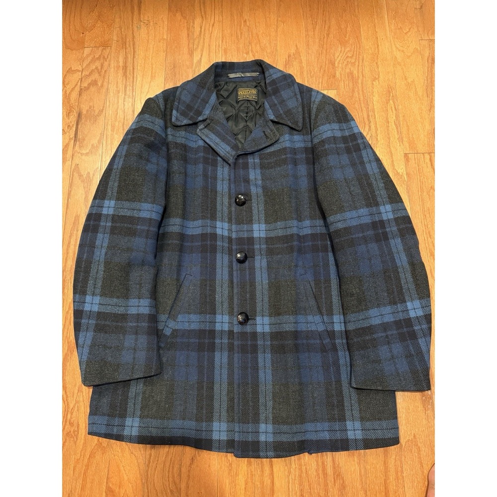 Vtg Pendleton Car Coat 1950s Plaid Wool Quilt Lined Jacket Leather Buttons XL
